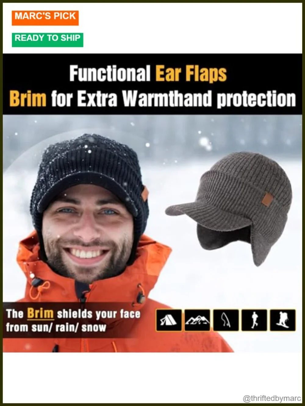50% Merino Wool Fleece Lined Beanie with Ear Flaps & Brim Waterproof